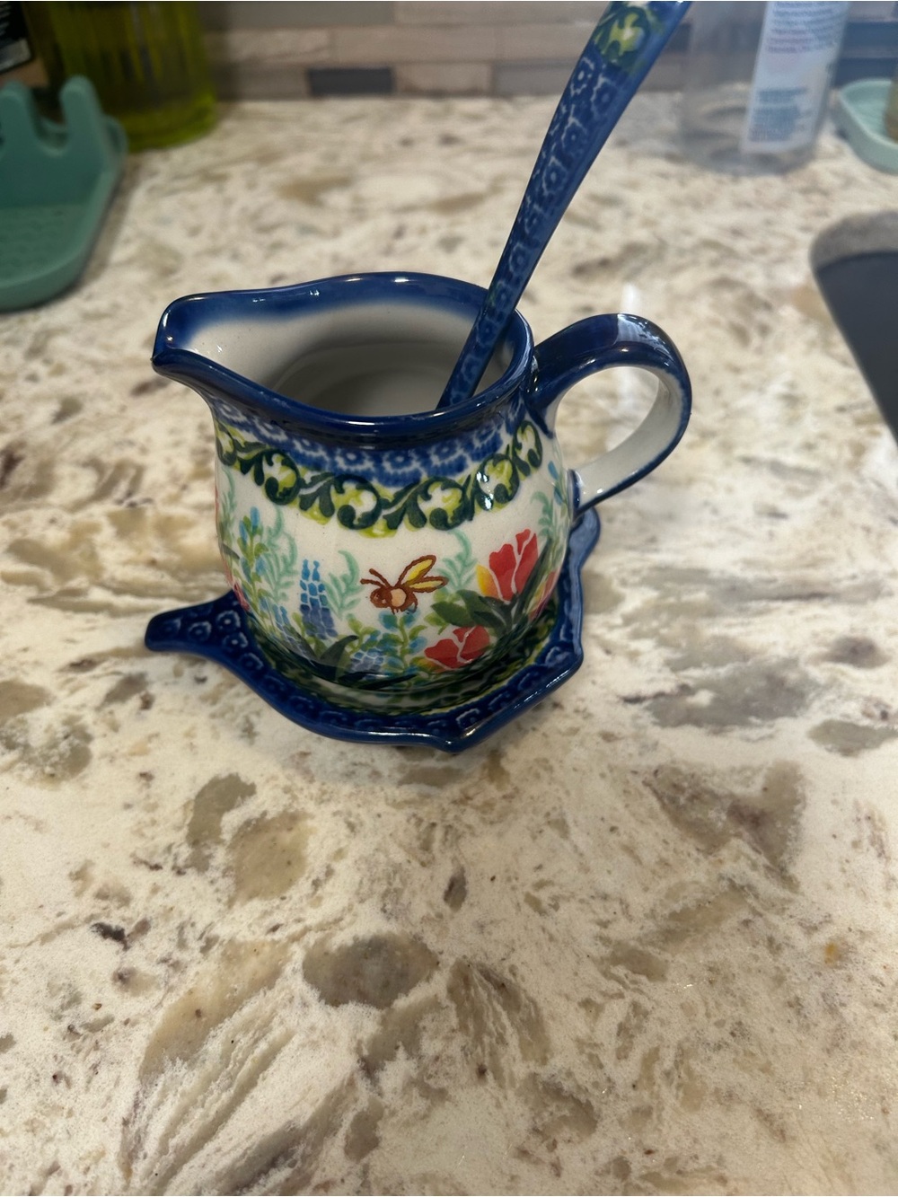 Kali Blue-Trim Floral Ceramic Creamer with Spoon and Saucer